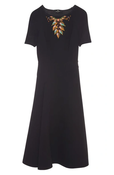 Shop Etro Leaf Embroidered Short Sleeve Virgin Wool Midi Dress In 0001 - Nero