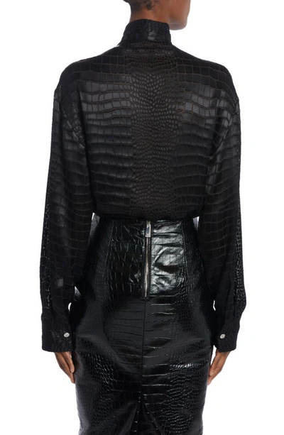 Shop Versace Crocodile Skin Print Tie Neck Silk Blouse In Black