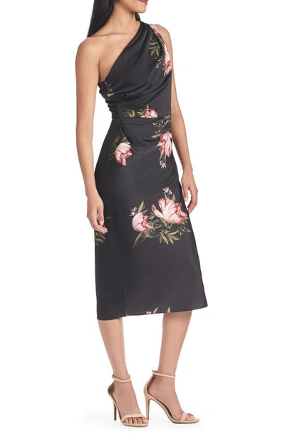 Shop Sachin & Babi Carmen Floral One-shoulder Midi Cocktail Dress In Noir Blossom