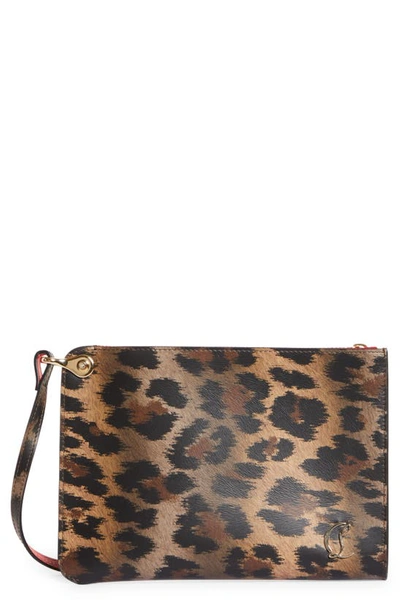 Shop Christian Louboutin Leopard Print Leather Pouch In 3221 Brown/ Gold