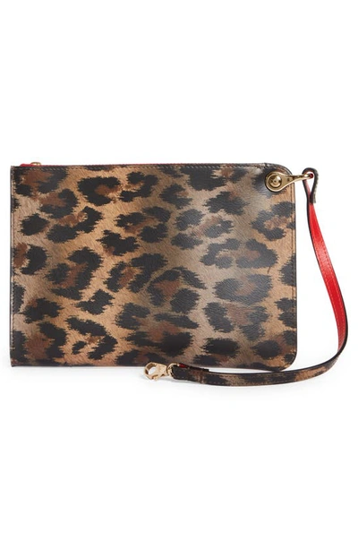 Shop Christian Louboutin Leopard Print Leather Pouch In 3221 Brown/ Gold
