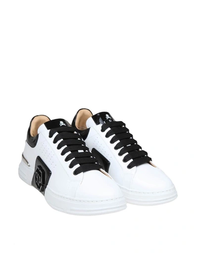 Shop Philipp Plein Leather Sneakers In White/black