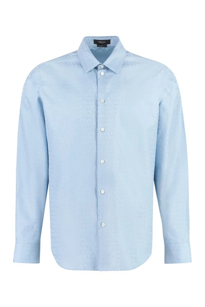 Shop Versace Printed Cotton Shirt In Light Blue