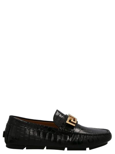 Shop Versace Logo Croc Leather Loafers In Black