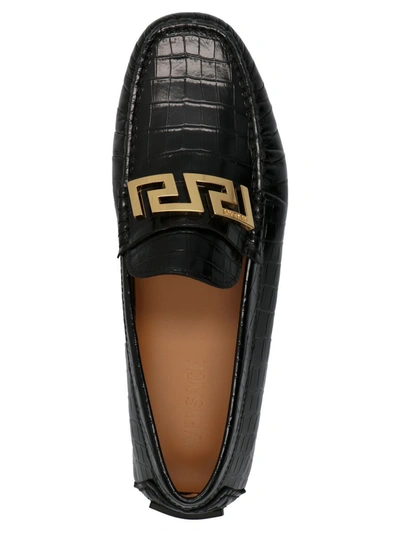 Shop Versace Logo Croc Leather Loafers In Black