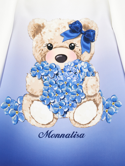 Monnalisa Crepe Dress With Maxi Bear In Cream + Light Blue