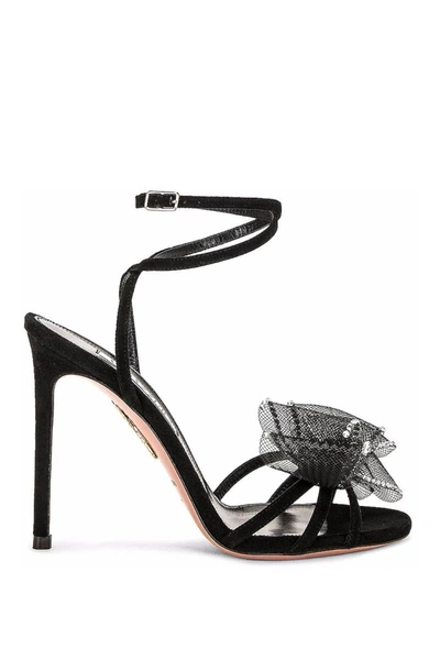 Shop Aquazzura Suede Reve Sandals With Bow In Black