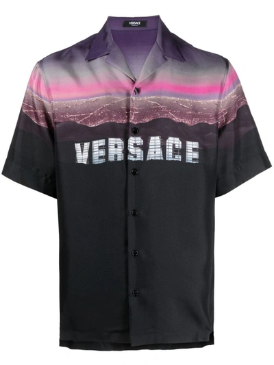 Shop Versace Logo-print Silk Shirt In Multicolour