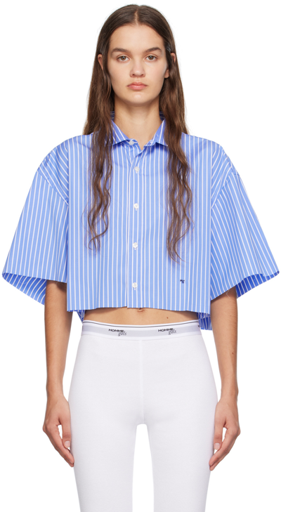 Shop Hommegirls Blue Oversized Cropped Shirt In Blue Stripe