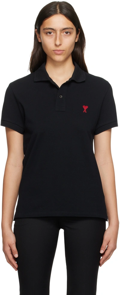 Ami Alexandre Mattiussi Ami Paris Ami Paris De Coeur Cotton Plo Shirt In Wool Tricotine Black