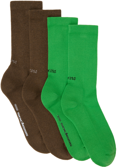 Shop Socksss Two-pack Brown & Green Socks In Golden Brown/apple
