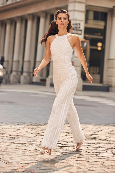 Lulus Tell Me Everything White Beaded Sequin Wide-leg Jumpsuit In White