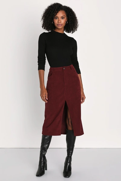 Lulus Refreshing Romance Burgundy Corduroy Midi Skirt In Burgundy