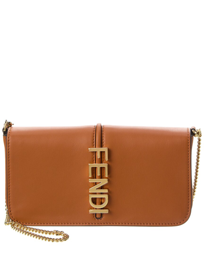 Shop Fendi Graphy Leather Wallet On Chain In Brown