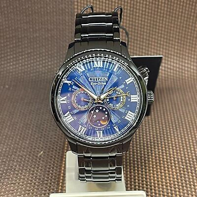 Pre-owned Citizen Eco-drive Ap1055-87l Blue Moon Phase Blue Analog Black Band Roman Watch