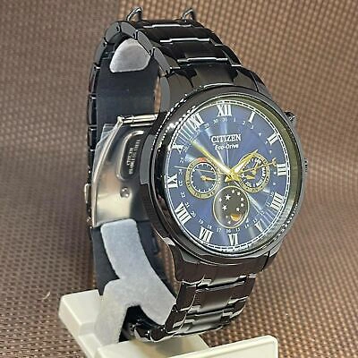 Pre-owned Citizen Eco-drive Ap1055-87l Blue Moon Phase Blue Analog Black Band Roman Watch