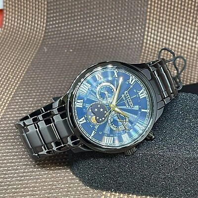 Pre-owned Citizen Eco-drive Ap1055-87l Blue Moon Phase Blue Analog Black Band Roman Watch