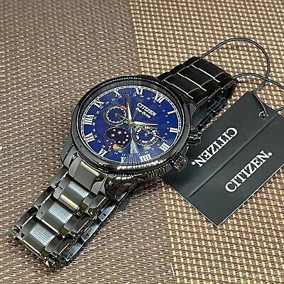 Pre-owned Citizen Eco-drive Ap1055-87l Blue Moon Phase Blue Analog Black Band Roman Watch