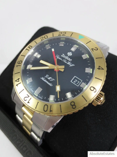 Pre-owned Zodiac Super Sea Wolf Gmt Automatic Two Tone Black Dial Men Watch Zo9406