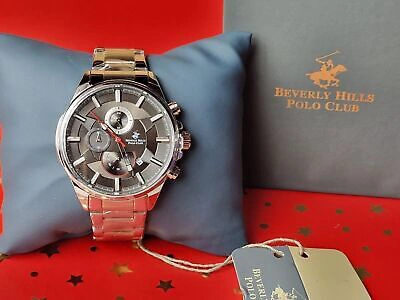 Pre-owned Beverly Hills Polo Club Beverly Hills Polo Mans Watch Luxury Gift Club Silver Tone Round Watch Rrp £289