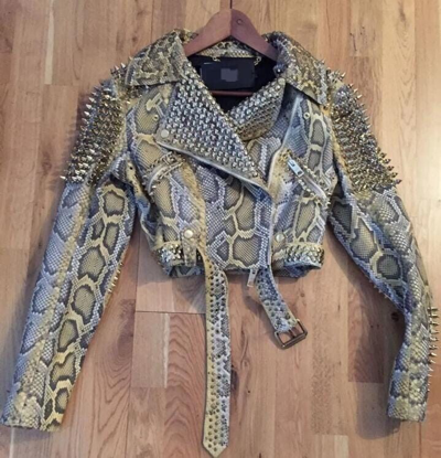 Pre-owned Handmade Women's Real Python Snake Skins Genuine Snake Hides Metal Studded Spiked Jacket In Different Colors