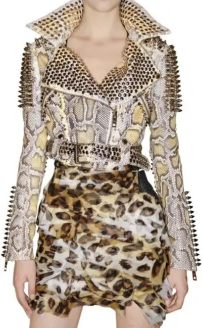 Pre-owned Handmade Women's Real Python Snake Skins Genuine Snake Hides Metal Studded Spiked Jacket In Different Colors