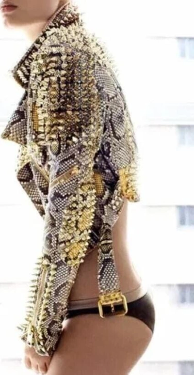Pre-owned Handmade Women's Real Python Snake Skins Genuine Snake Hides Metal Studded Spiked Jacket In Different Colors