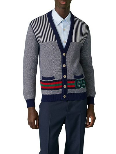 Shop Gucci Men Cardigan In Wool And Cotton With Gg In Blue