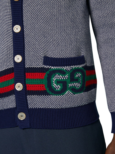 Shop Gucci Men Cardigan In Wool And Cotton With Gg In Blue