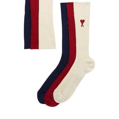Shop Ami Alexandre Mattiussi Ami De Caur Three Pack Socks In Red_off_white_night_blue