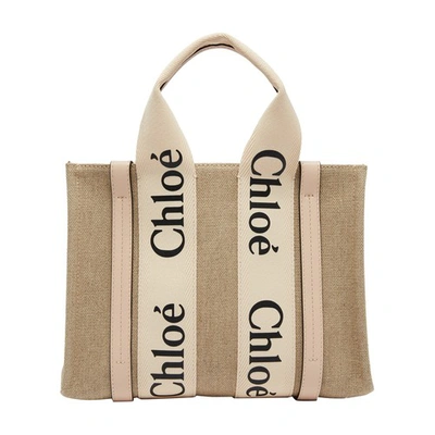 Chloé Woody Little Bag In Beige Canvas In Cement_pink