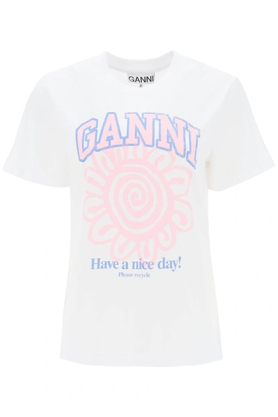 Shop Ganni Crew Neck T Shirt With Print In White