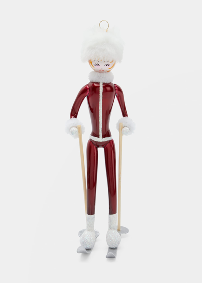 De Carlini Skier With Faux Fur Hat Ornament In Multi