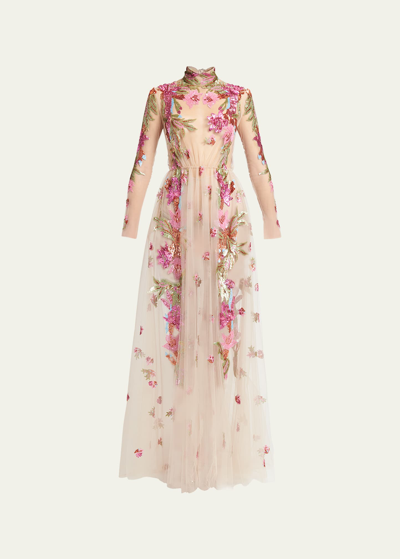 Shop Valentino Embroidered Tulle Illusion Gown With Floral Details In Multi