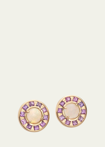 Shop Jolly Bijou 14k Gold Full Moon Pink Sapphire And Opal Earrings In Yg