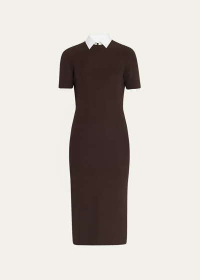 Shop Ralph Lauren Ribbed Collar Body-con Midi Dress In Brown