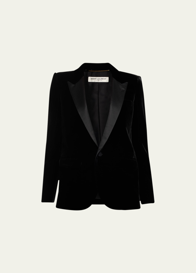 Shop Saint Laurent Satin Lapel Velvet Tuxedo Blazer In Nero