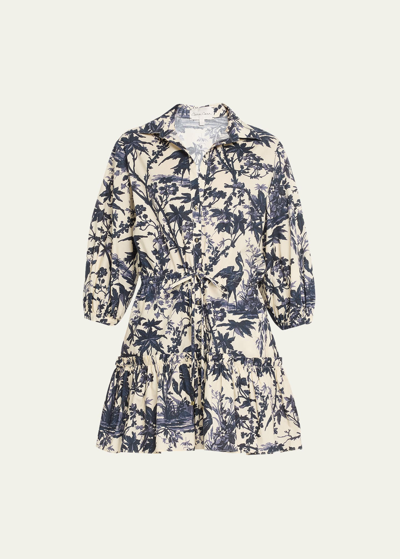 Shop Cara Cara Robin Puff-sleeve Floral Poplin Mini Dress In Heron Navy