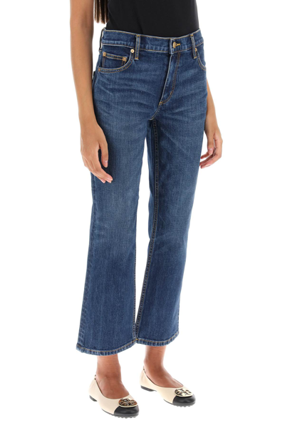 Shop Tory Burch Cropped Flared Jeans In Aged Dark Wash (blue)