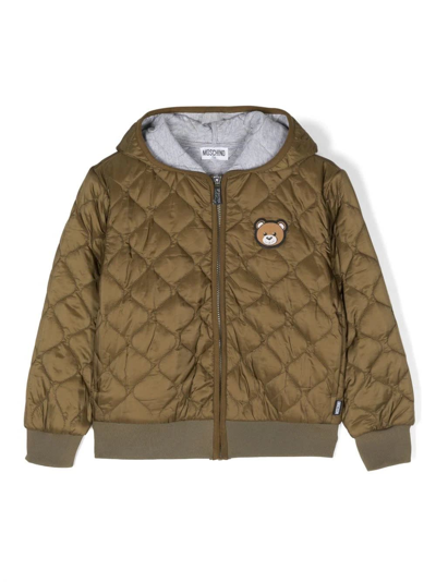 Shop Moschino Khaki Green Quilted Bomber Jacket With Teddy Bear Patch In Verde