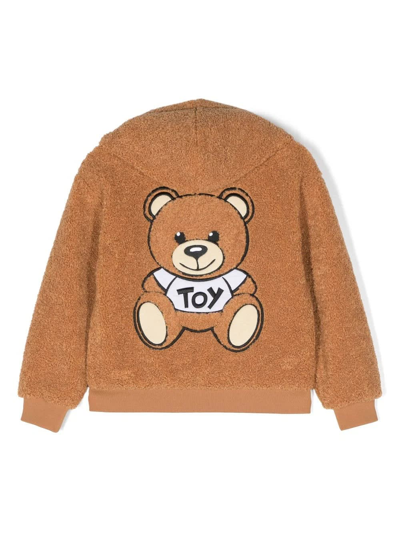 Shop Moschino Teddy Bear Zipped Hoodie In Caramel Colour In Marrone
