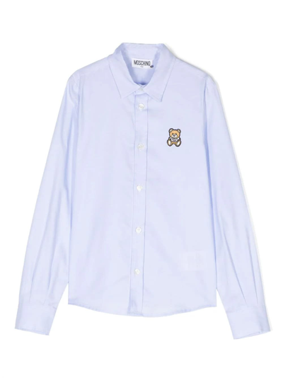 Shop Moschino Light Blue Oxford Cotton Shirt With Teddy Patch