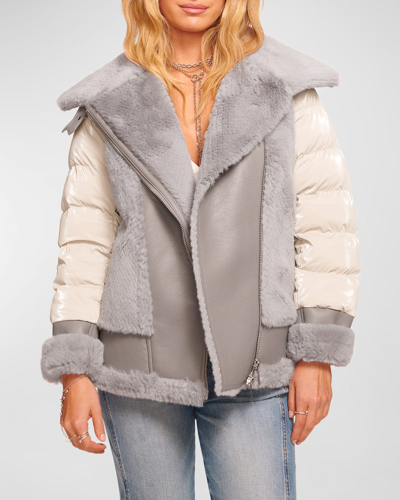 Shop Ramy Brook Evelynn Faux Fur Moto Puffer Jacket In Grey