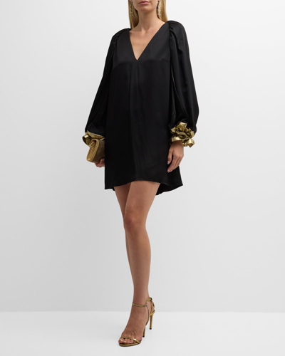 Shop Halpern V-neck Puff-sleeve Ruffle-cuff Mini Dress In Black