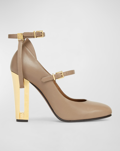 Shop Fendi Delfina Leather Metallic-heel Pumps In F0qd3 Tortora