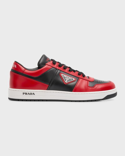 Shop Prada Men's Downtown Logo Leather Low-top Sneakers In Nerolacca