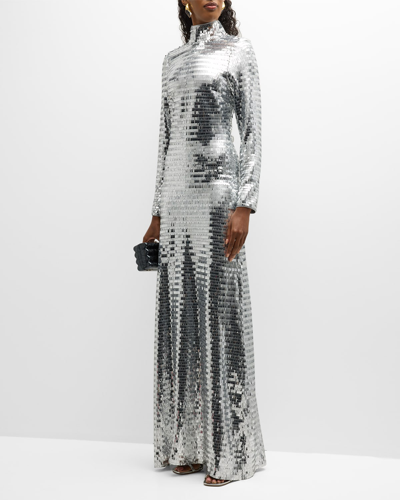 Shop Simon Miller Sequin Sculpty High-collar Maxi Dress In Satellite Silver