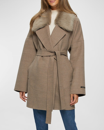 Shop Gorski Wool-cashmere Belted Jacket With Detachable Toscana Shearling Lamb Collar Trim In Brown