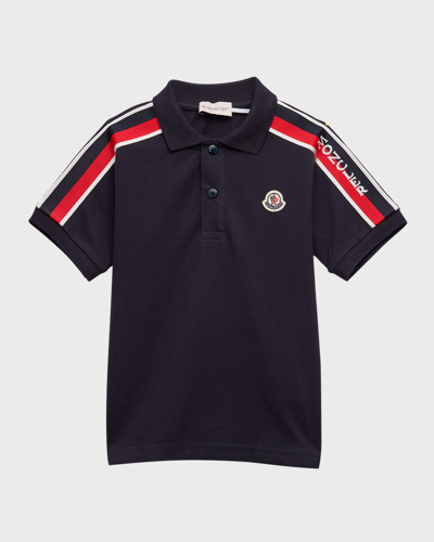 Shop Moncler Boy's Polo Shirt W/ Tri Stripes & Logo In Navy