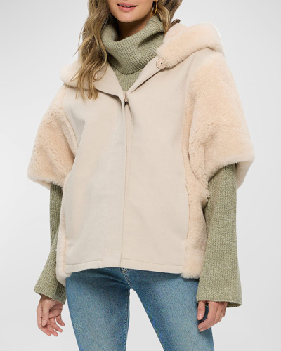 Shop Gorski Sheared Cashmere Goat Fur-paneled Hooded Short-sleeve Cashmere Jacket In Light Beige
